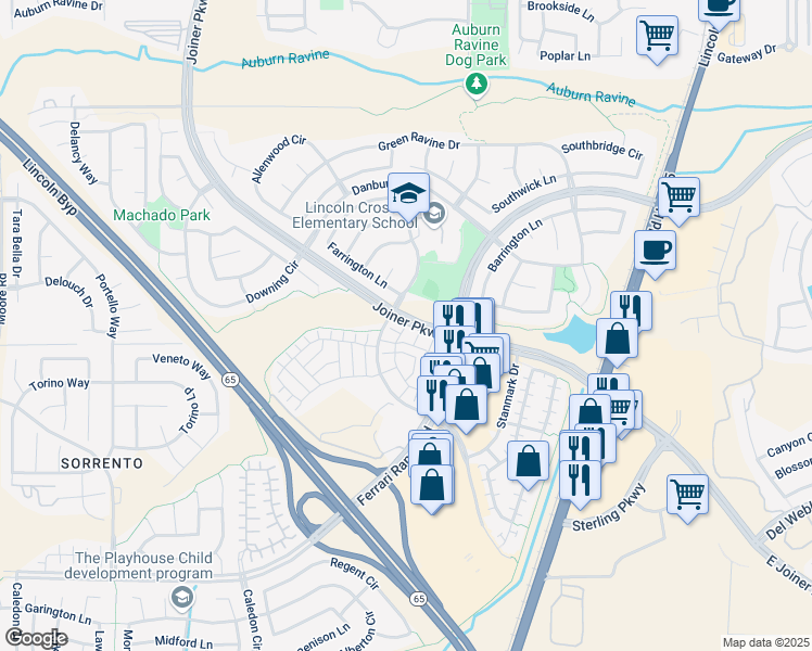 map of restaurants, bars, coffee shops, grocery stores, and more near 3050 Sierra View Circle in Lincoln