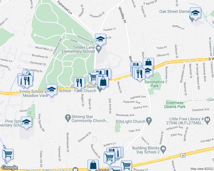 map of restaurants, bars, coffee shops, grocery stores, and more near 7391 Lee Highway in Falls Church