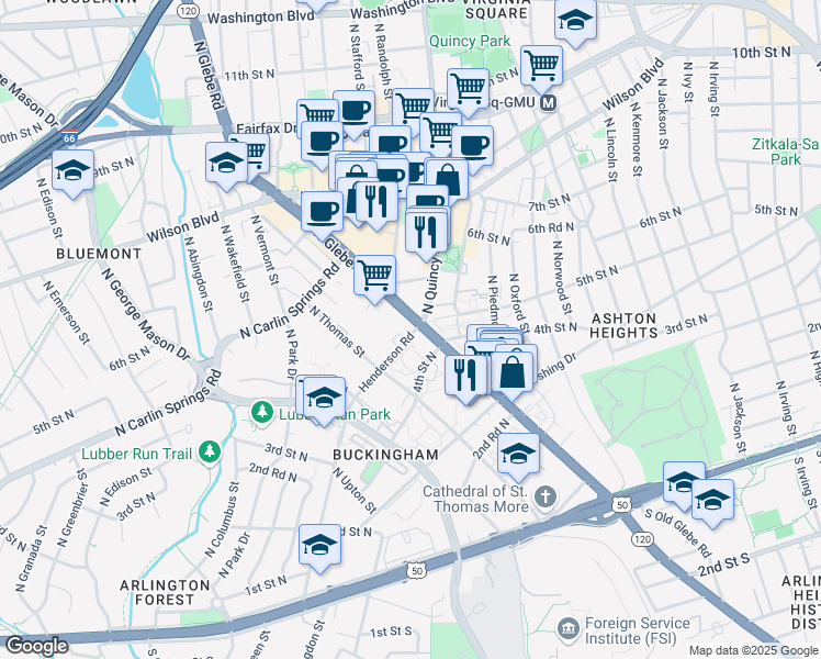map of restaurants, bars, coffee shops, grocery stores, and more near 4141 North Henderson Road in Arlington