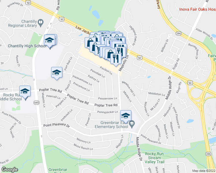 map of restaurants, bars, coffee shops, grocery stores, and more near 13110 Penndale Lane in Fairfax