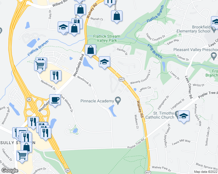 map of restaurants, bars, coffee shops, grocery stores, and more near 4672 Flatlick Branch Drive in Chantilly
