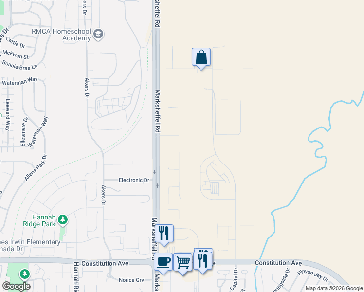 map of restaurants, bars, coffee shops, grocery stores, and more near 3022 Namib Drive in Colorado Springs