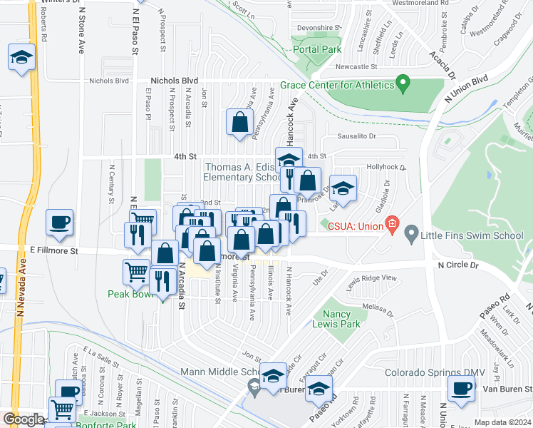 map of restaurants, bars, coffee shops, grocery stores, and more near 3012 Illinois Avenue in Colorado Springs
