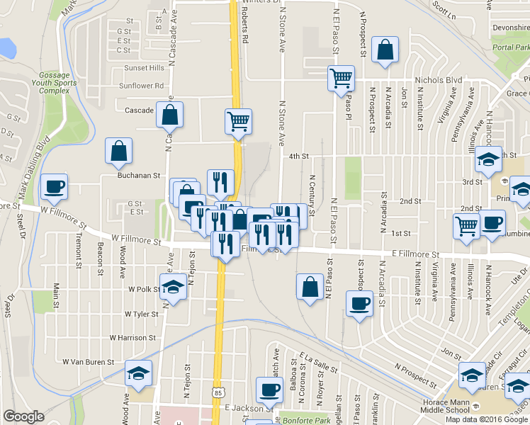 map of restaurants, bars, coffee shops, grocery stores, and more near in Colorado Springs