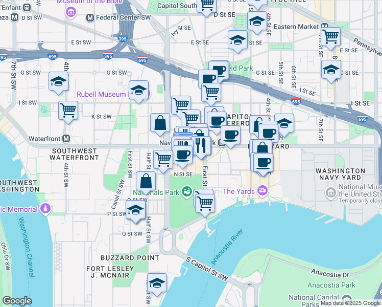 map of restaurants, bars, coffee shops, grocery stores, and more near 101 Independence Avenue Southeast in Washington