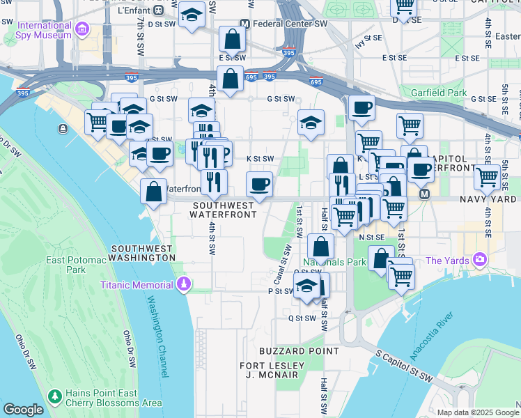 map of restaurants, bars, coffee shops, grocery stores, and more near 101 Independence Avenue Southeast in Washington