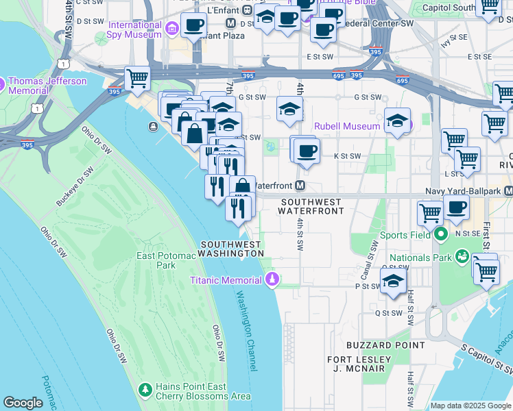 map of restaurants, bars, coffee shops, grocery stores, and more near 101 Independence Avenue Southeast in Washington