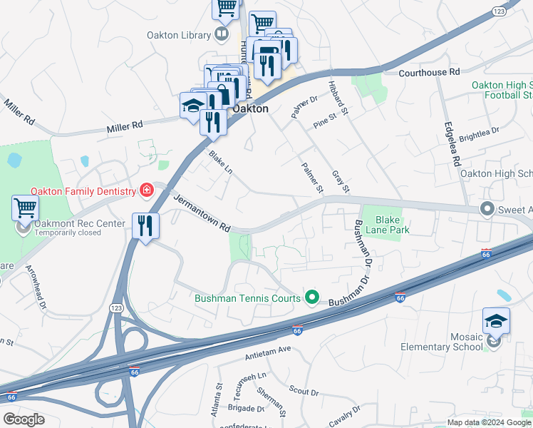 map of restaurants, bars, coffee shops, grocery stores, and more near 2975 Borge Street in Oakton