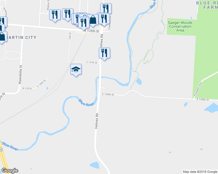 map of restaurants, bars, coffee shops, grocery stores, and more near 710 East 139th Street in Kansas City