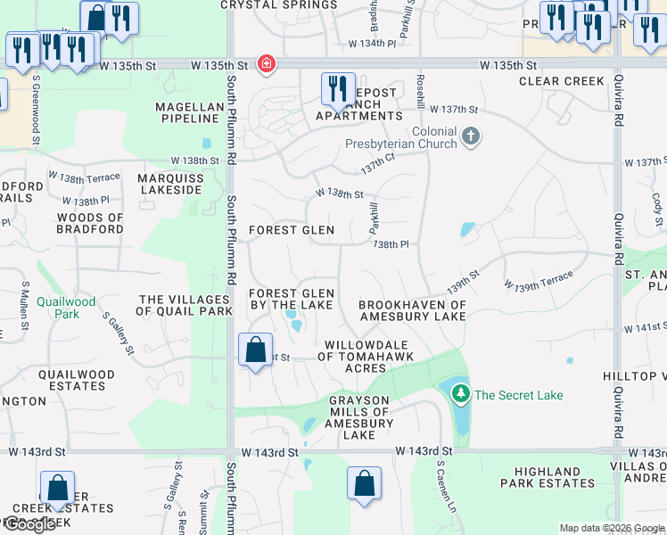 map of restaurants, bars, coffee shops, grocery stores, and more near 13901 Bradshaw Street in Overland Park