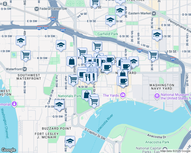 map of restaurants, bars, coffee shops, grocery stores, and more near 101 M Street Southeast in Washington