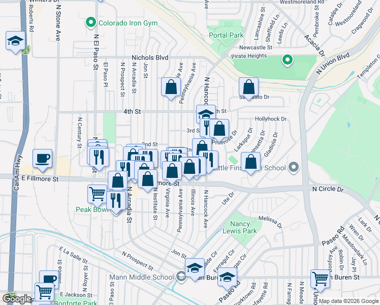 map of restaurants, bars, coffee shops, grocery stores, and more near 3012 Illinois Avenue in Colorado Springs