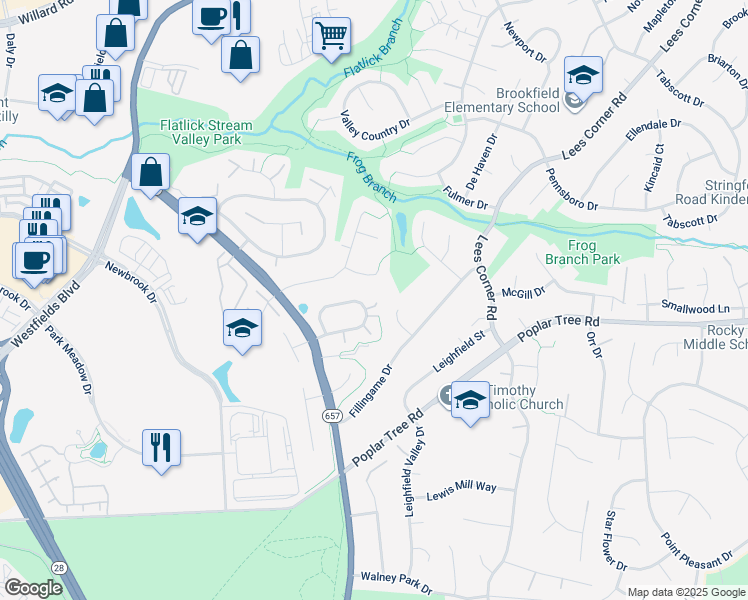 map of restaurants, bars, coffee shops, grocery stores, and more near 13926 Leeton Cir in Chantilly