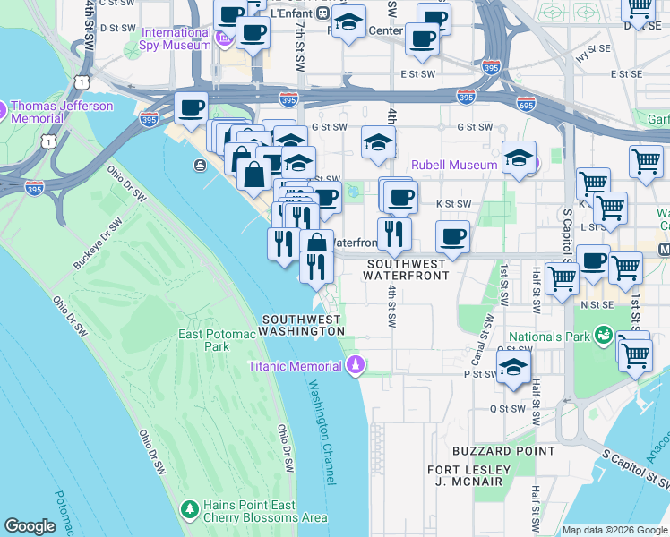 map of restaurants, bars, coffee shops, grocery stores, and more near 101 Independence Avenue Southeast in Washington