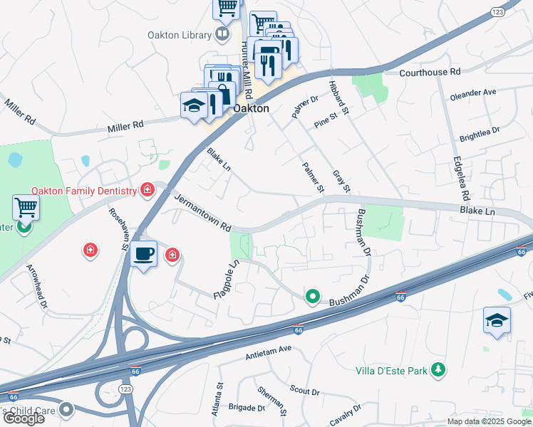 map of restaurants, bars, coffee shops, grocery stores, and more near 2975 Borge Street in Oakton
