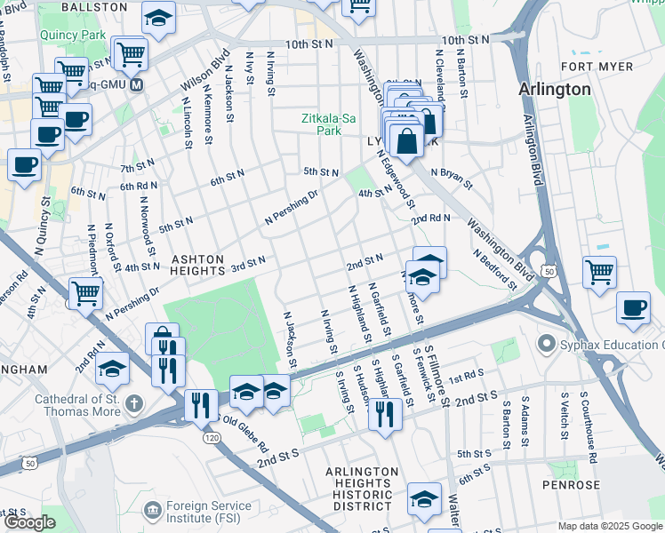 map of restaurants, bars, coffee shops, grocery stores, and more near 3109 2nd Street North in Arlington
