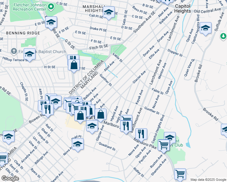 map of restaurants, bars, coffee shops, grocery stores, and more near 4805 Gunther Street in Capitol Heights
