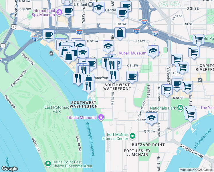 map of restaurants, bars, coffee shops, grocery stores, and more near 101 Independence Avenue Southeast in Washington