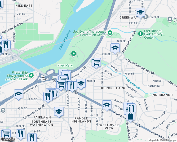 map of restaurants, bars, coffee shops, grocery stores, and more near 2920 Nash Place Southeast in Washington