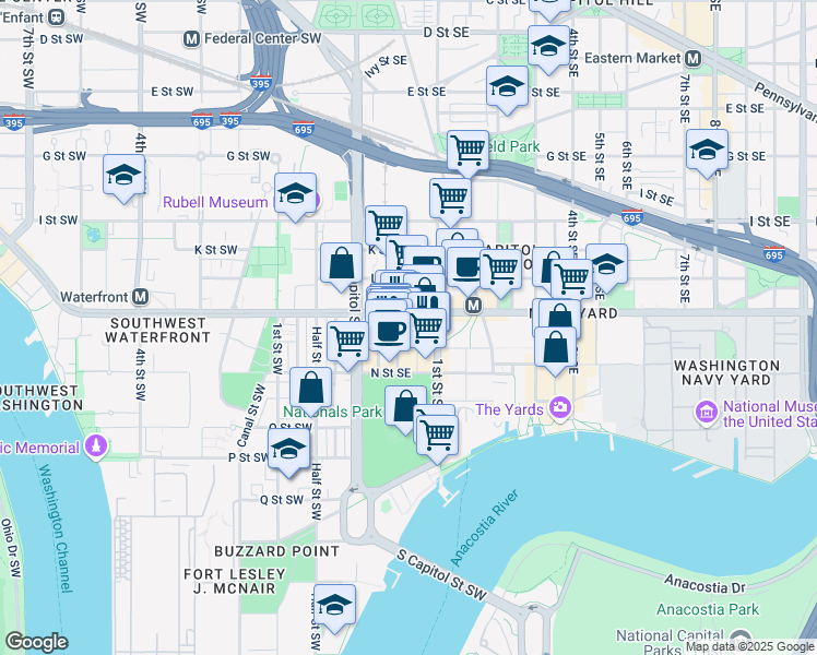 map of restaurants, bars, coffee shops, grocery stores, and more near 55 M Street Southeast in Washington