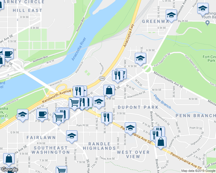 map of restaurants, bars, coffee shops, grocery stores, and more near 2920 Nash Place Southeast in Washington