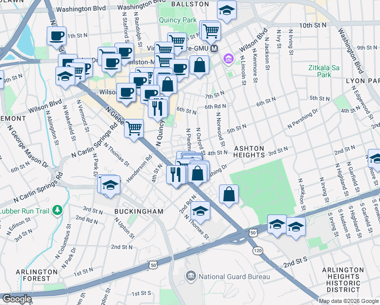map of restaurants, bars, coffee shops, grocery stores, and more near 4th Street North & Piedmont Street in Arlington
