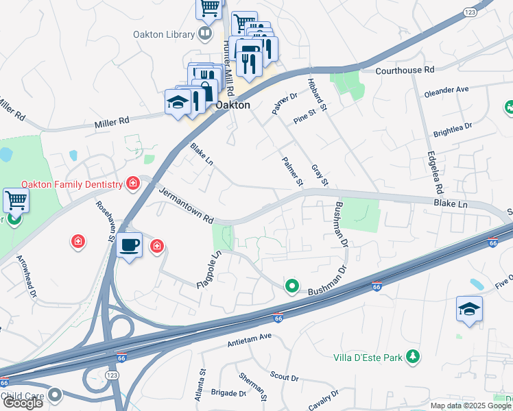 map of restaurants, bars, coffee shops, grocery stores, and more near 2818 Jermantown Road in Oakton