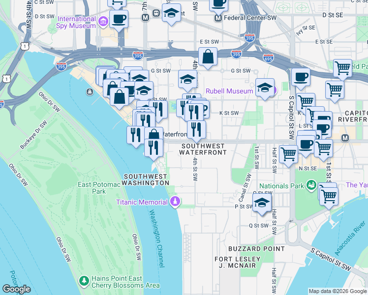 map of restaurants, bars, coffee shops, grocery stores, and more near 101 Independence Avenue Southeast in Washington