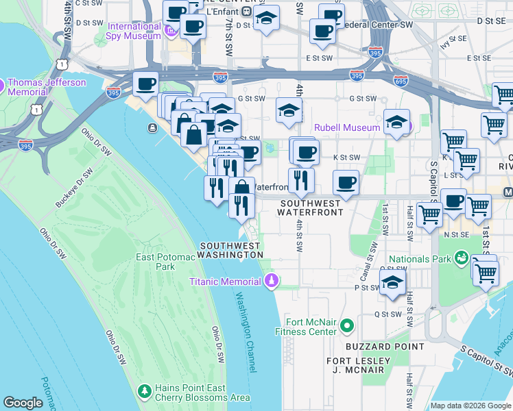 map of restaurants, bars, coffee shops, grocery stores, and more near 101 Independence Avenue Southeast in Washington