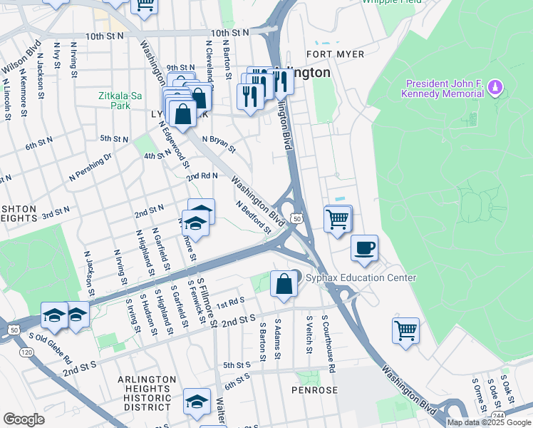map of restaurants, bars, coffee shops, grocery stores, and more near 2324 Washington Boulevard in Arlington