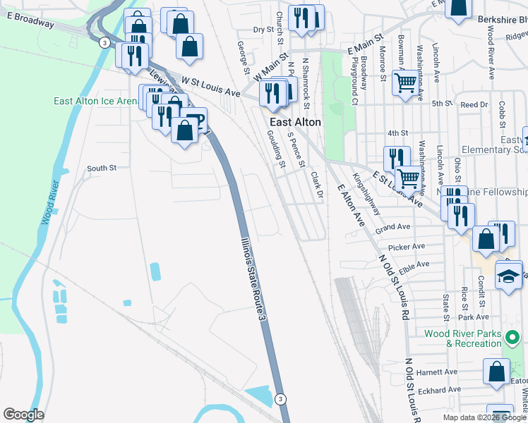 map of restaurants, bars, coffee shops, grocery stores, and more near 221 Victory Drive in East Alton