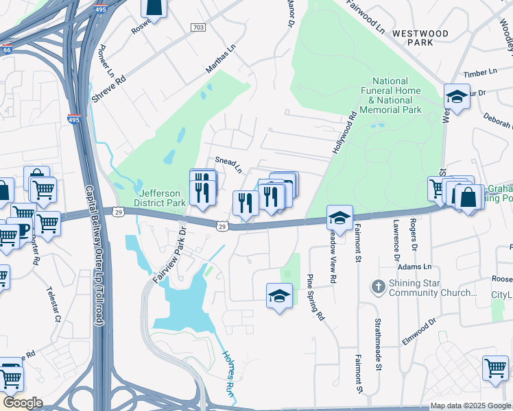 map of restaurants, bars, coffee shops, grocery stores, and more near 2832 Emma Lee Street in Falls Church