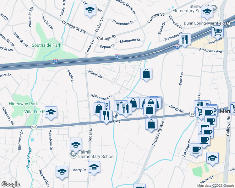 map of restaurants, bars, coffee shops, grocery stores, and more near 2800 Evelyn Court in Vienna