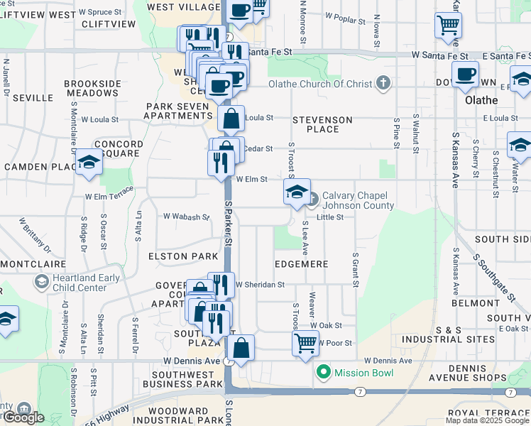 map of restaurants, bars, coffee shops, grocery stores, and more near 711 West Wabash Street in Olathe