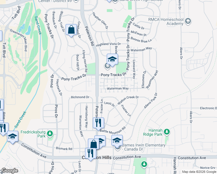 map of restaurants, bars, coffee shops, grocery stores, and more near 3035 Dockside View in Colorado Springs