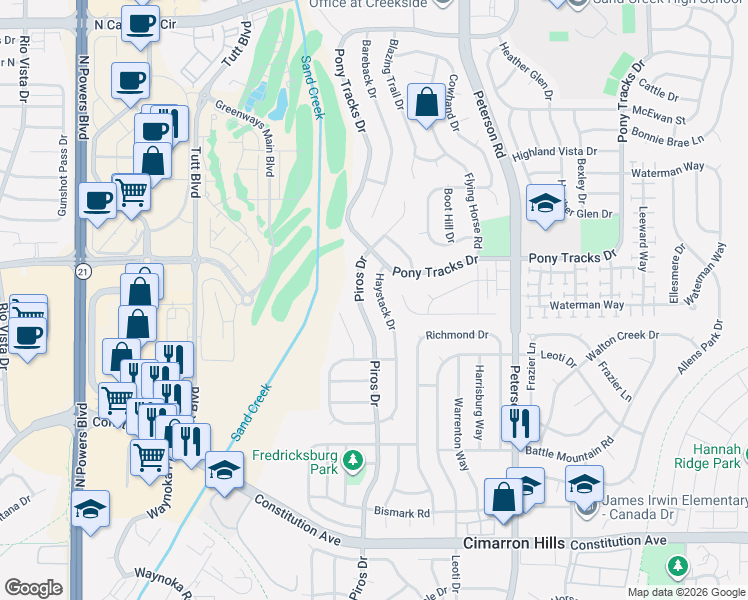 map of restaurants, bars, coffee shops, grocery stores, and more near 970 Piros Drive in Colorado Springs