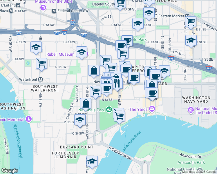 map of restaurants, bars, coffee shops, grocery stores, and more near 101 Independence Avenue Southeast in Washington