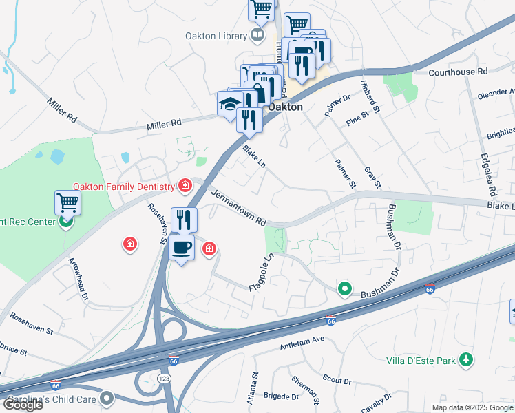 map of restaurants, bars, coffee shops, grocery stores, and more near 2854 Jermantown Road in Oakton