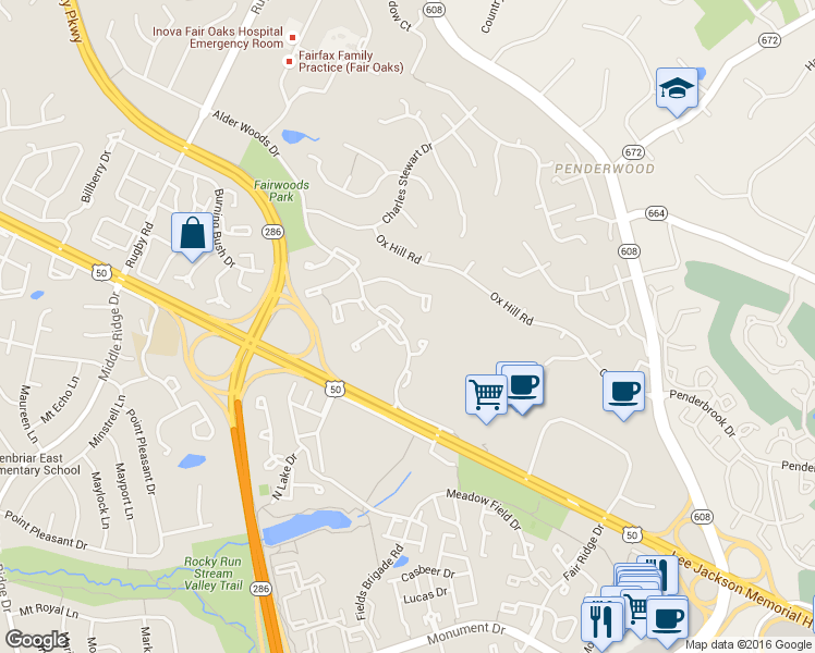 map of restaurants, bars, coffee shops, grocery stores, and more near 3905 Collis Oak Court in Fairfax