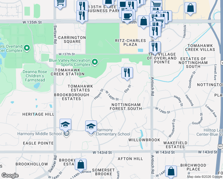 map of restaurants, bars, coffee shops, grocery stores, and more near 9100 West 140th Street in Overland Park
