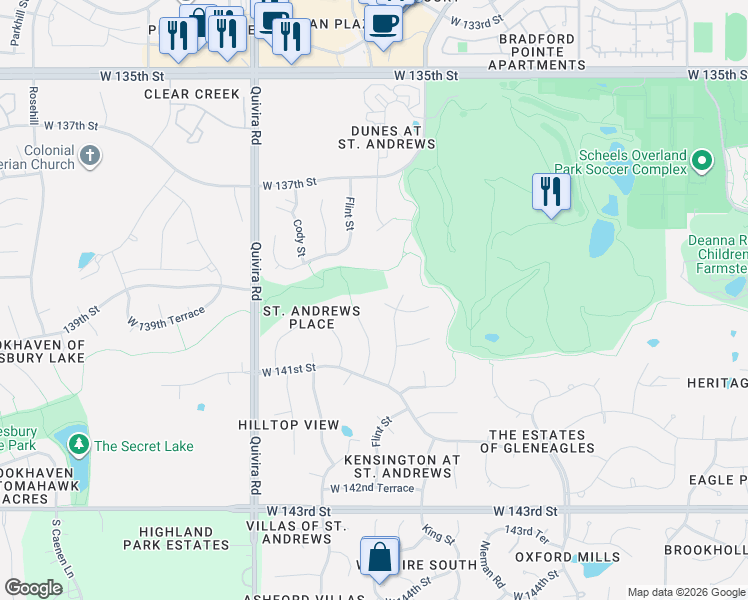 map of restaurants, bars, coffee shops, grocery stores, and more near 13911 Bond Street in Overland Park