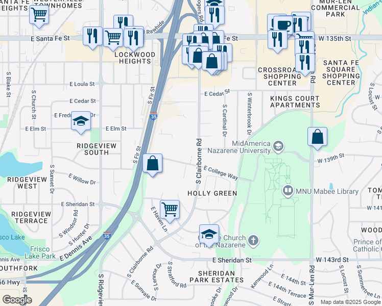 map of restaurants, bars, coffee shops, grocery stores, and more near 1540 East College Way in Olathe