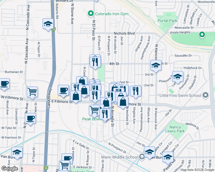 map of restaurants, bars, coffee shops, grocery stores, and more near 3019 North Prospect Street in Colorado Springs