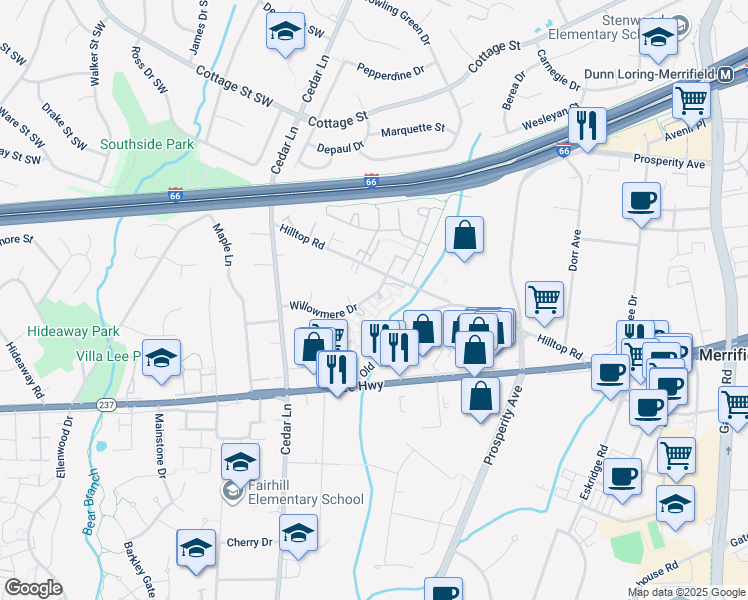 map of restaurants, bars, coffee shops, grocery stores, and more near 2800 Evelyn Court in Vienna