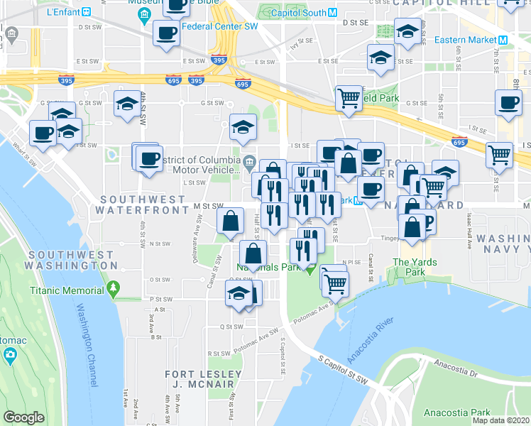 map of restaurants, bars, coffee shops, grocery stores, and more near 1209 Carrollsburg Place Southwest in Washington