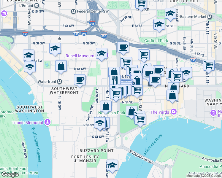 map of restaurants, bars, coffee shops, grocery stores, and more near 1209 Carrollsburg Place Southwest in Washington