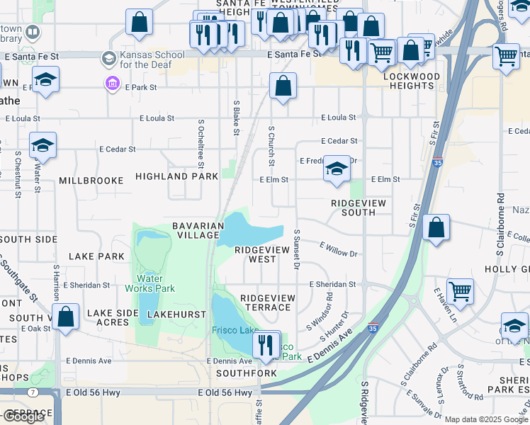 map of restaurants, bars, coffee shops, grocery stores, and more near 505 South Church Circle in Olathe