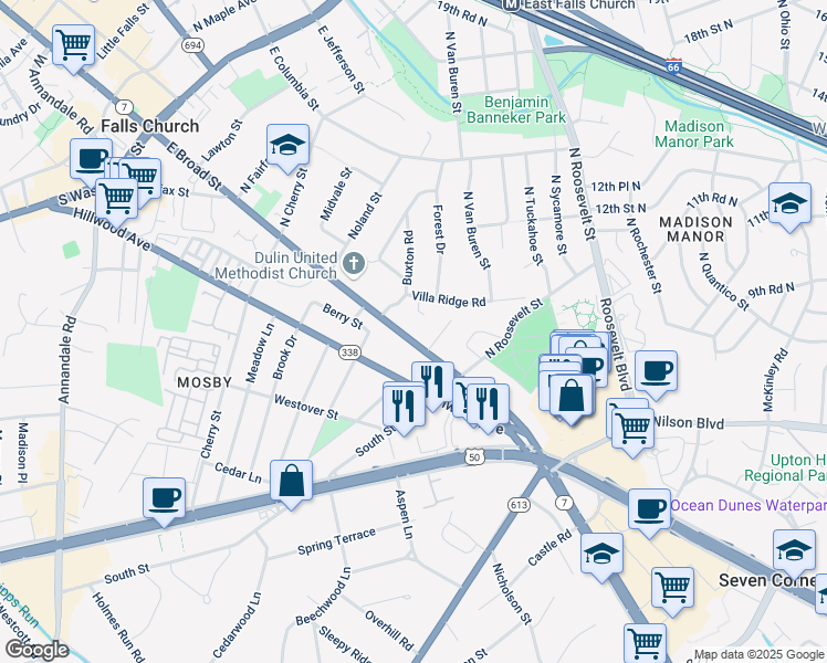 map of restaurants, bars, coffee shops, grocery stores, and more near 709 East Broad Street in Falls Church
