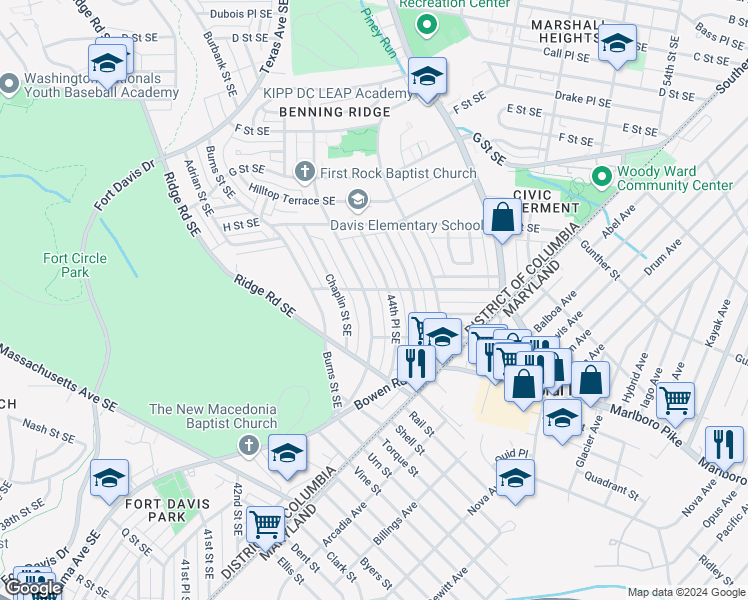 map of restaurants, bars, coffee shops, grocery stores, and more near 4457 Alabama Avenue Southeast in Washington