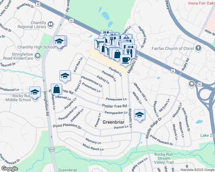 map of restaurants, bars, coffee shops, grocery stores, and more near 13113 Pelfrey Lane in Fairfax